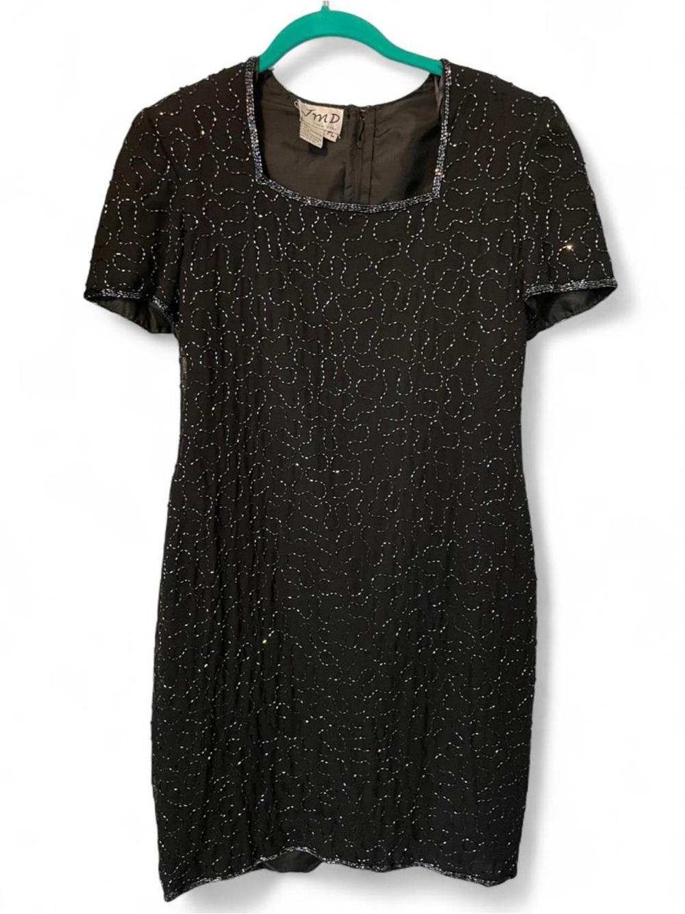 Silver-Embellished Black Short Sleeve Mini Dress